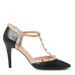 Halogen Black Leather Martine Studded T-Strap Pump Heels Women's 10.5M